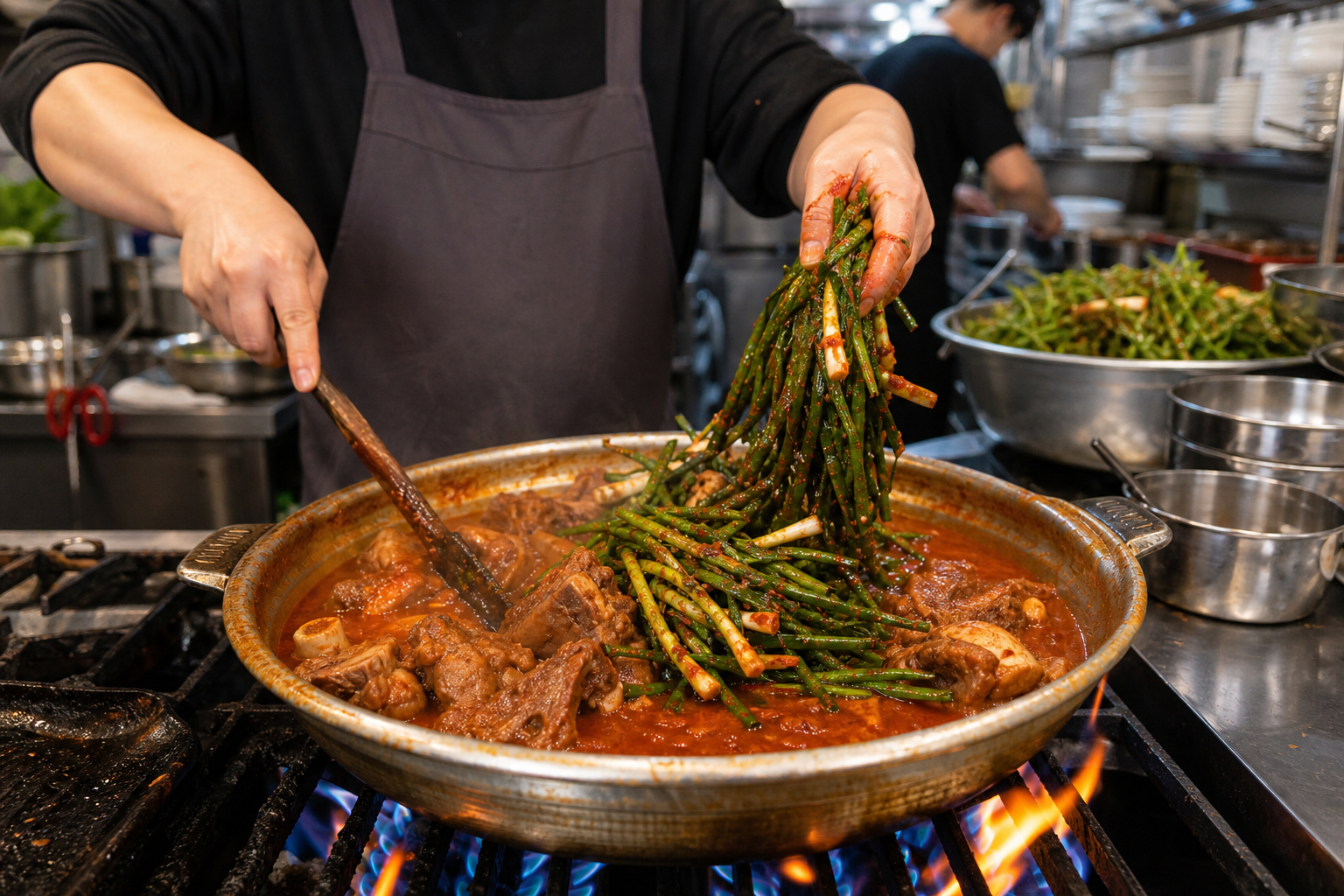 칼칼한 파김치와 부드러운 돼지갈비의 환상적인 만남, 양푼갈비